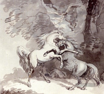 Schwarz weiß Werke - Pferde kämpfen auf einem Waldweg Thomas Rowlandson schwarz weiß